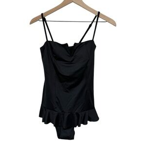 Spanx One Piece Jet Black V Neck Ruffle Swim Dress Swimsuit Size 6